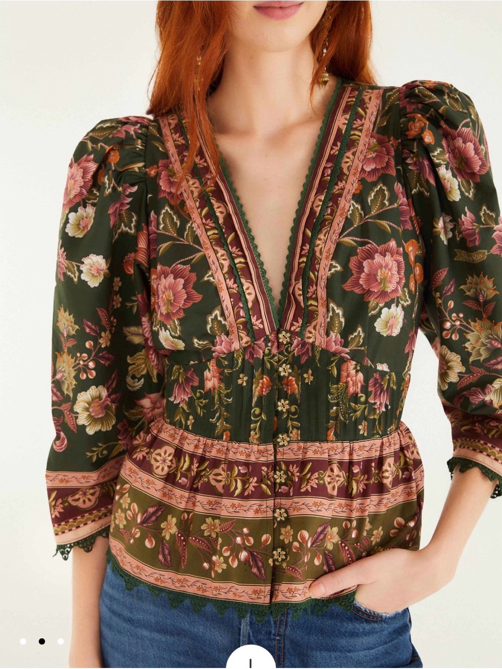 FARM Rio Green Floral Peplum Blouse with Pink Accents - Picture 2 of 5